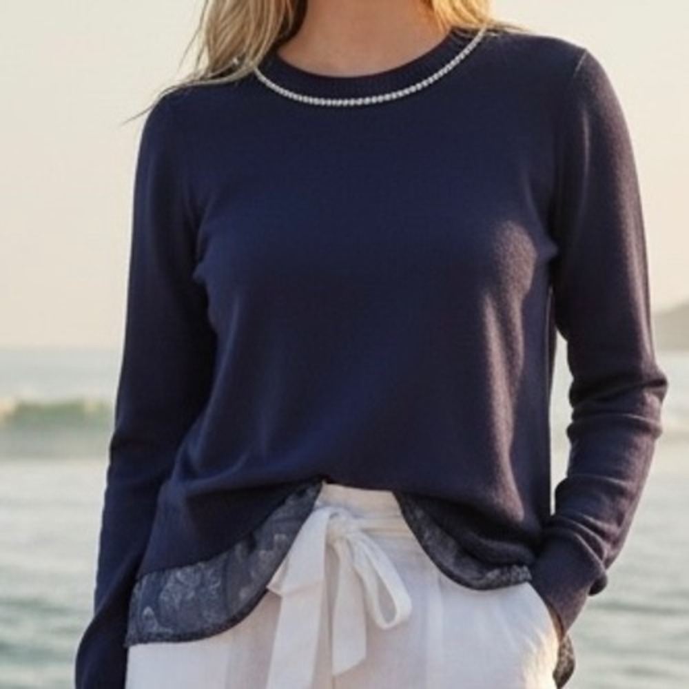 Womens Navy Blue Rhinestone Neck Split Back Floral Sweater S Preppy Embellished